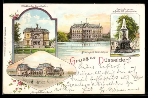 Lithographie Düsseldorf, Städtische Kunsthalle, Springbrunnen auf dem Corneliusplatze, Hauptbahnhof