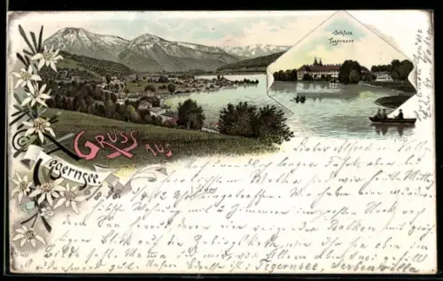 Lithographie Tegernsee, Schloss Tegernsee, Panorama mit See und Bergen