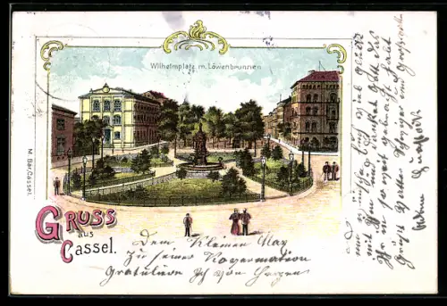Lithographie Kassel, Wilhelmplatz mit Löwenbrunnen