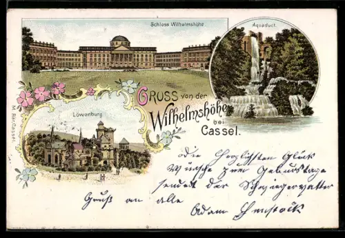 Lithographie Kassel-Wilhelmshöhe, Löwenburg aus der Vogelschau, Aquaduct., Schloss Wilhelmshöhe