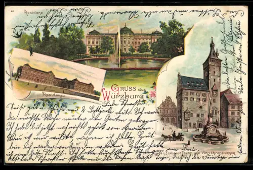 Lithographie Würzburg, Residenz, Grafen Eckhardt Thurm & Vierröhrenbrunnen