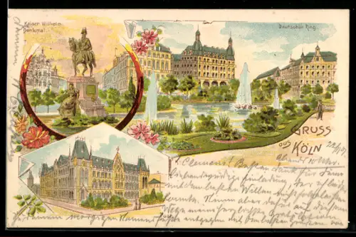 Lithographie Köln-Neustadt, Deutscher Ring m. Springbrunnen, Kaiser Wilhelm-Denkmal
