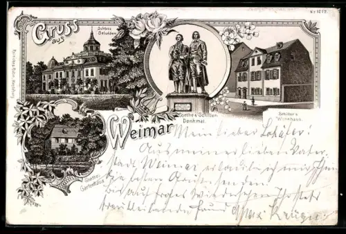Lithographie Weimar, Schillers Wohnhaus, Schloss Belvedere, Goethes Gartenhaus