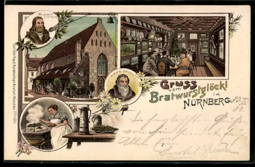 Lithographie Nürnberg, Gasthaus Bratwurstglöckl, Portrait Albrecht Dürer, Speiseraum, Köchin