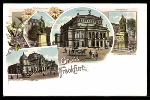 Lithographie Frankfurt /Main, Börse, Opernhaus, Schillerdenkmal