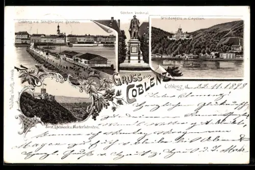 Lithographie Coblenz, Burg Lahneck und Niederlahnstein, Stolzenfels und Capellen, Goeben-Denkmal