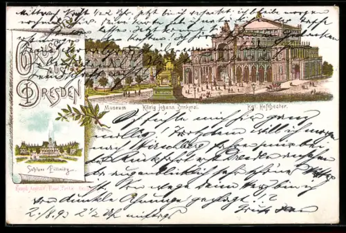 Vorläufer-Lithographie Dresden, 1893, Schloss Pillnitz, Museum, Kgl. Hoftheater und König Johann-Denkmal