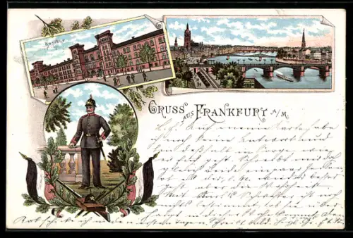 Lithographie Frankfurt a. M., Teilansicht, Kaserne, Soldat in Uniform