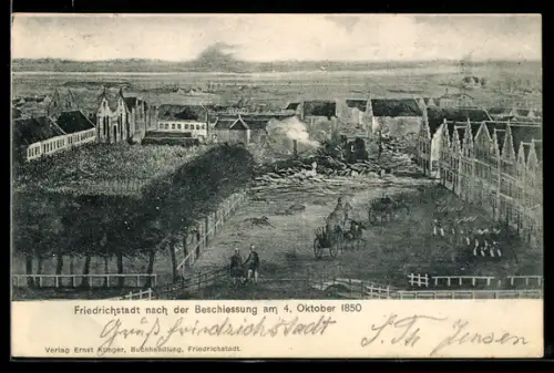 Künstler-AK Friedrichstadt, Teilansicht nach der Beschiessung 1850