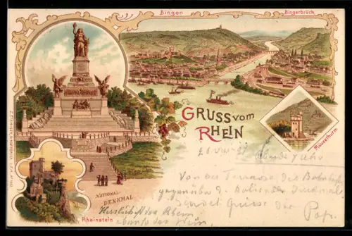 Lithographie Bingen, Bingerbrück, National Denkmal, Rheinstein