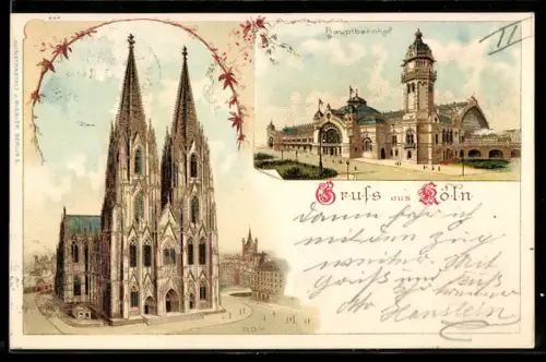 Lithographie Köln, Hauptbahnhof und Dom