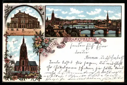 Lithographie Frankfurt am Main, Opernhaus, Dom, Mainansicht