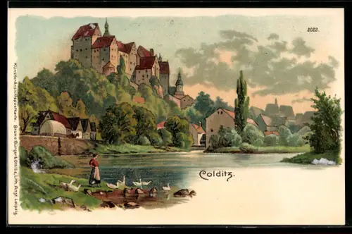 Lithographie Colditz, Ortspartie am Flussufer