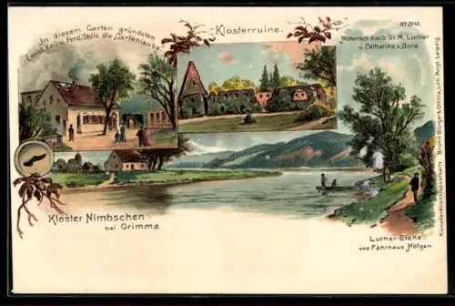 Lithographie Grimma, Kloster Nimbschen, Gartenlaube, Klosterruine, Luther-Eiche