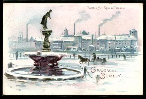 Winter-Lithographie Alt-Berlin, Alt-Köln am Wasser
