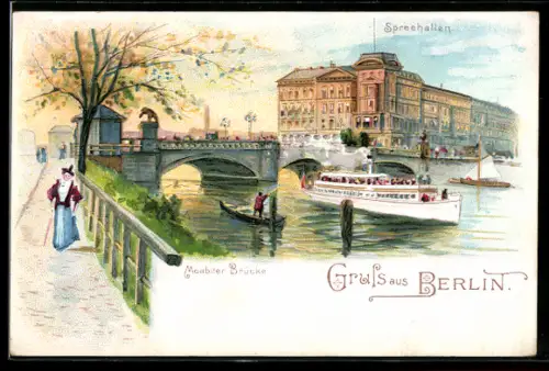 Lithographie Berlin-Tiergarten, Spreehallen, Moabiter Brücke, Dampfschiff