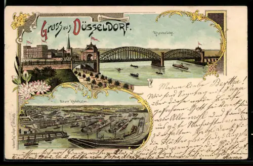 Lithographie Düsseldorf, Rheinbrücke, Neuer Rheinhafen