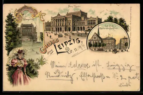 Lithographie Leipzig, Cafe Felsche und Grimmaische Strasse, Neues Theater