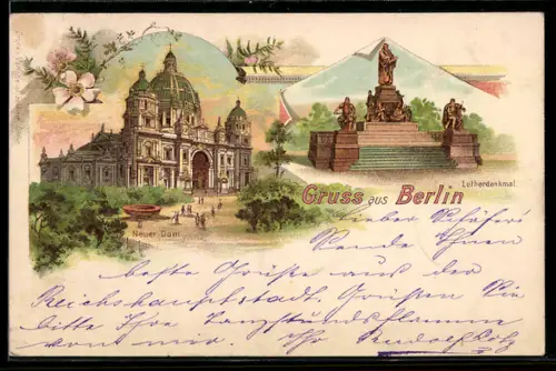 Lithographie Berlin, Neuer Dom und Lutherdenkmal