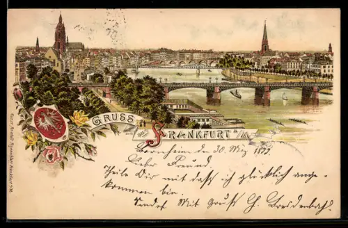 Lithographie Frankfurt, Brückenansicht mit Dampfern und Booten, Teilansicht