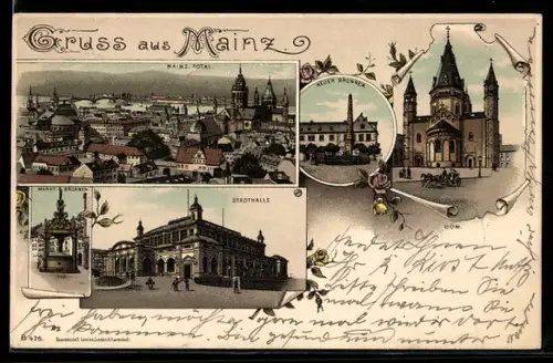 Lithographie Mainz, Stadthalle, Dom, Neuer Brunnen