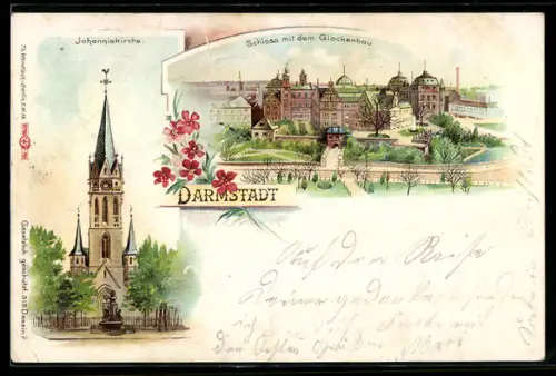 Lithographie Darmstadt, Schloss mit dem Glockenbau und Johanniskirche