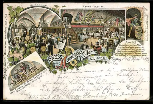 Vorläufer-Lithographie Leipzig, 1895, Gasthaus Auerbachs-keller, Innenansichten Faust-Keller und Goethe-Zimmer