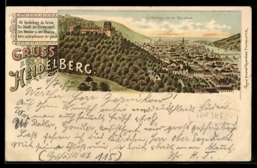 Lithographie Heidelberg, Teilansicht mit Burg