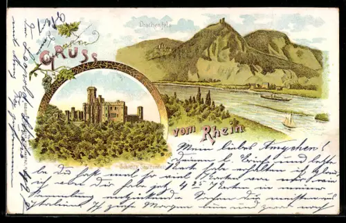 Lithographie Stolzenfels, Schloss Stolzenfels, Drachenfels