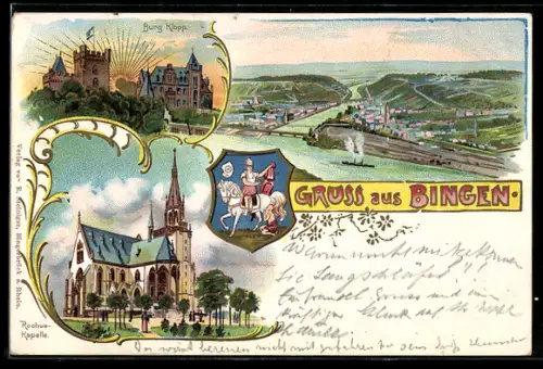 Lithographie Bingen, Panorama, Burg Klopp, Rochus-Kapelle