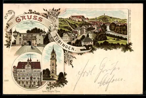 Lithographie Tübingen, Schloss-Thor, Rathaus, Ortsansicht
