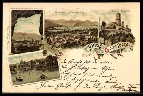 Lithographie Godesberg, Ruine, Ortsansicht u. d. Siebengebirge, Curpark