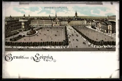 Lithographie Leipzig, Vogelschau auf den Augustusplatz mit Kirche