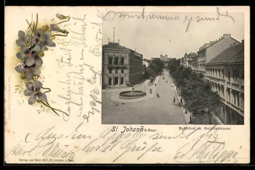 AK St. Johann a. Saar, Bahnhof mit Reichsstrasse und Grünanlagen