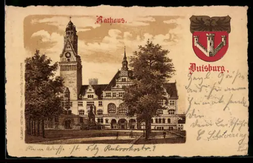 AK Duisburg, Aussenansicht des Rathauses mit Wappen im Passepartout