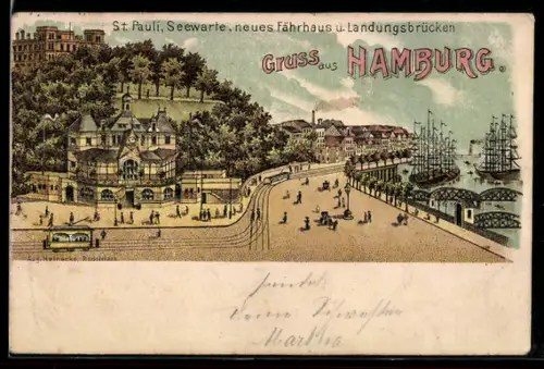Lithographie Hamburg-St.Pauli, St. Pauli-Seewarte, neues Fährhaus und Landungsbrücken mit Strassenbahn