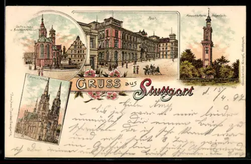 Lithographie Stuttgart, Post, Aussichtsturm Degerloch und Stiftskirche mit Schillerdenkmal