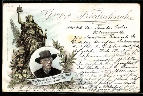 Vorläufer-Lithographie Friedrichsruh, 1894, Portrait mit Zitat von Bismarck