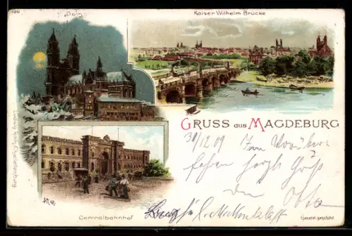Lithographie Magdeburg, Kaiser Wilhelm-Brücke, Dom und Partie am Zentralbahnhof