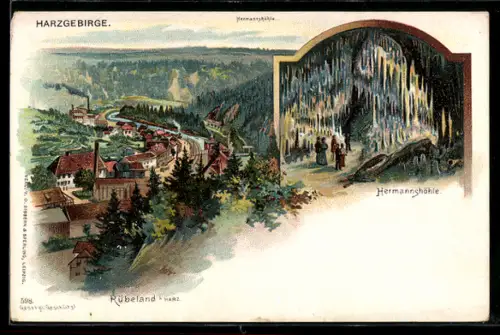 Lithographie Rübeland i. Harz, Totalansicht des Ortes und Hermannshöhle