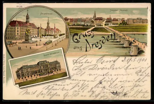 Lithographie Dresden, Panorama von Neustadt, Hauptstrasse und Finanz-Ministerium