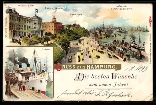 Lithographie Hamburg-St.Pauli, Hafen mit Landungsbrücken, Seewarte, Seemannshaus und Wiezels Hotel