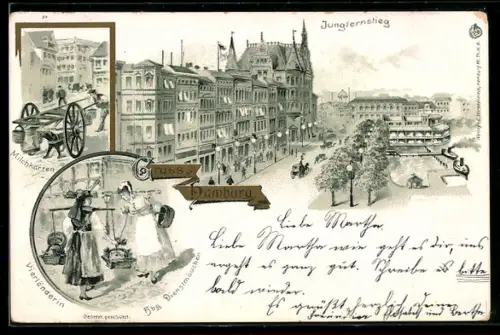 Lithographie Hamburg-Neustadt, Partie am Jungfernstieg, Milchkarren und Vierländerin in Tracht