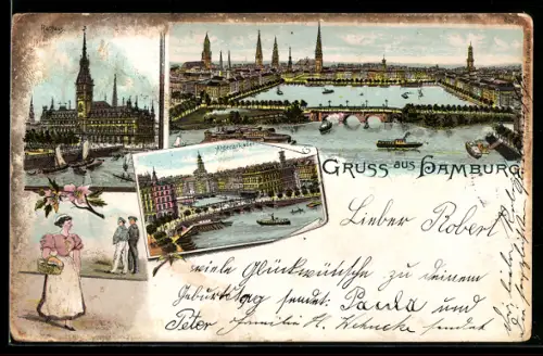 Lithographie Hamburg, Panorama, Alsterarkaden und Rathaus