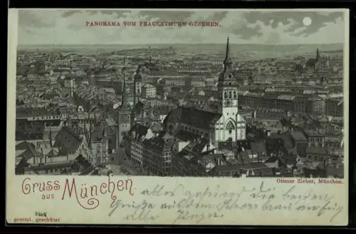 Mondschein-AK München, Panorama vom Frauenthurm gesehen, mit Kirche