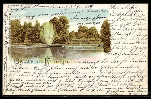 Lithographie Frankfurt-Westend, Weiher im Palmengarten