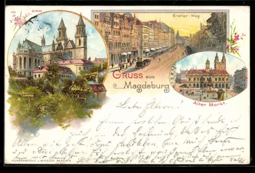 Lithographie Magdeburg, Blick auf den Dom, Alter Markt und belebter Breiter-Weg