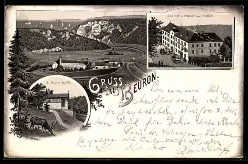 Lithographie Beuron, Gasthof und Pension zum Pelikan, Panorama mit Kloster, St. Maurus Kapelle