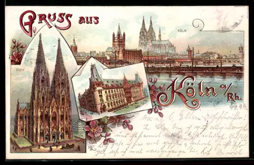Lithographie Köln a. Rh., Dom, Panorama und Rathaus