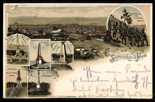 Lithographie St. Johann-Saarbrücken, Denkmal der 74er, Denkmal der 40er, Erstürmung des Spicherer Berges